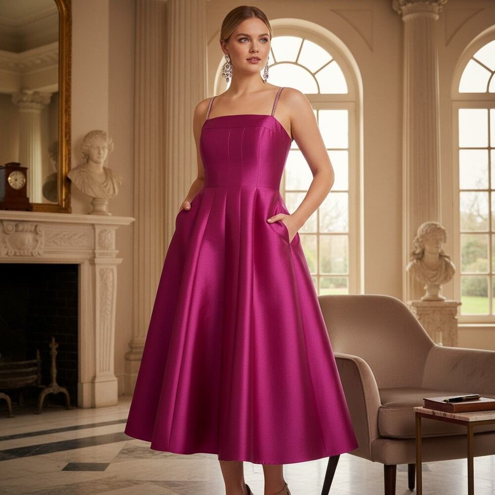 G-38 Eliza J 14 NWT Fuchsia Satin Fit & Flare Midi Dress with Pockets